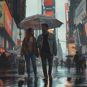 Couple with branded umbrela