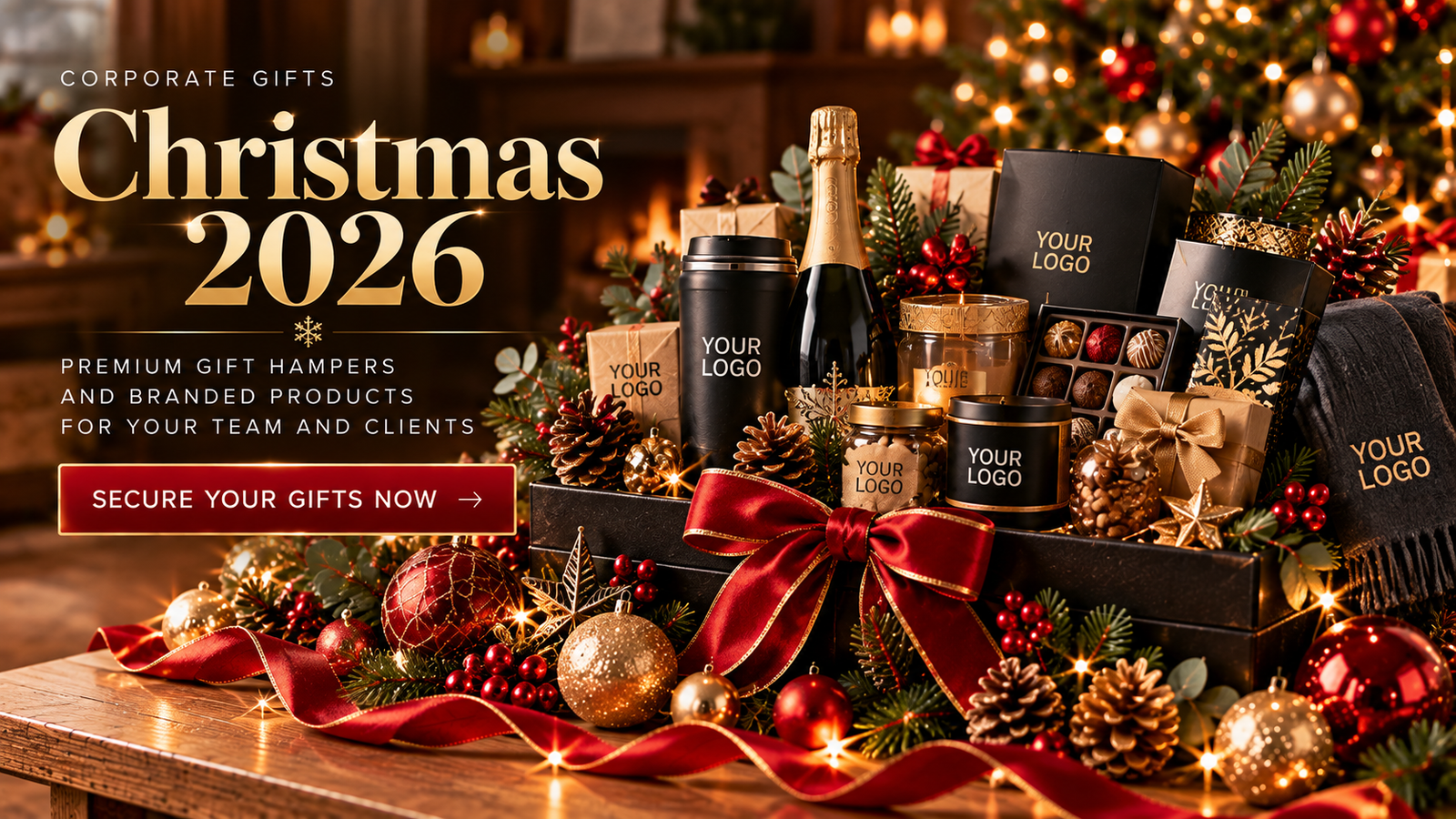 Christmas gift hamper with branded drinkware, treats and festive decorations for corporate gifting