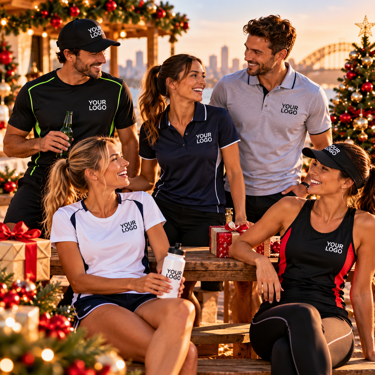 Team wearing branded T-shirts, polo shirts and sportswear at Christmas, supplied by WISE Promotions Australia