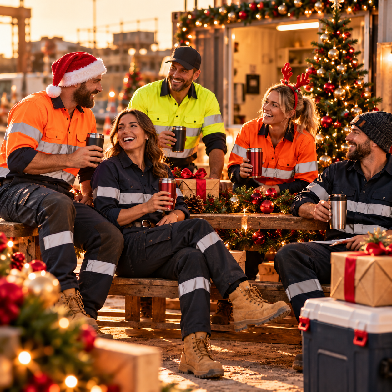 Australian workwear team celebrating Christmas in hi-vis uniforms